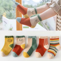 MOMISY 5 Pairs Girl Boys Tube Socks Toddlers Infant Solid Color Boat Spring and Autumn Socks Stretch Baby kids Sock (IN, Age, 5 Years, 7 Years, Rainbow Smiley)