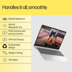 HP 15, AMD Ryzen 5 7430U (16GB DDR4, 512GB SSD) FHD, Anti-Glare, Micro-Edge,15.6''/39.6cm, Win11, M365 Basic(1yr)* Office24, Silver,1.59kg, fc0389AU, AMD Radeon, FHD Camera w/Shutter, Backlit Laptop
