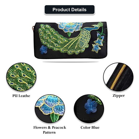 MOMISY Women's PU Leather Peacock Embroidery Clutch Purse, Handbag, Party Wedding Wallet with Zipper (Black)