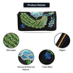 MOMISY Women's PU Leather Peacock Embroidery Clutch Purse, Handbag, Party Wedding Wallet with Zipper (Black)