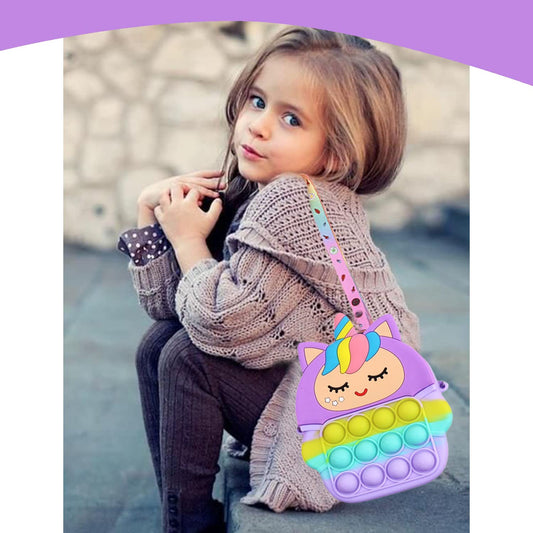 SYGA Children Pop It Fidget Cat Unicorn Pattern Silicone Bag Kids Push Popper Educational Decompression Bubble Shoulder Bag (Camo Pink)