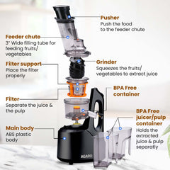 AGARO Royal Slow Juicer, Professional Cold Press Whole Slow Juicer, 240 Watts Power Motor, 120 Minutes Long Usage, 3 Strainers, All-in-1 Fruit & Vegetable Juicer, Black