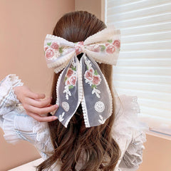 MOMISY Floral Embroidery Hair Bow Barrette Clips, Fabric Back Clips for Women and Girls (Beige, Large)