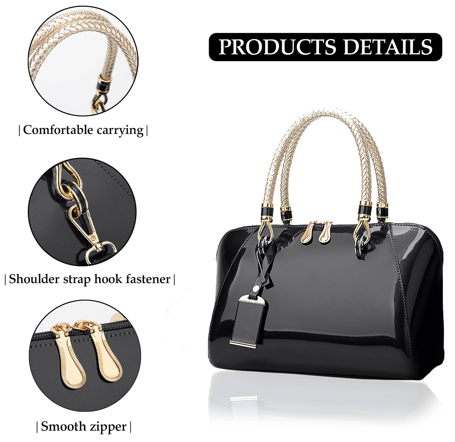 SYGA Gloosy versatile patent leather Women's bags, texture and personality, portable Handbag, Crossbody bag(BLACK)
