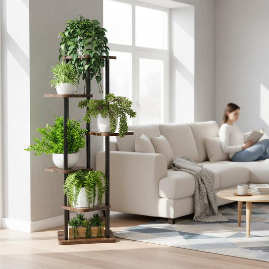 STANSY 6 Tier Plant Stand for Indoor Plants | Tall Multi-Layer Flower Shelf for Multiple Pots | Modern Corner Plant Rack for Home, Balcony, Living Room (Mocha Brown + Black, 132cm, 6-Tier)