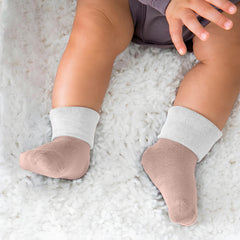 MOMISY Baby Boy and Baby Girl Combo/Gift Set Of Cotton Hand Mittens (Gloves) (3 Pairs) and Leg Booties (Socks) (3 Pairs), 0 to 6 Months. (Brown Grey Pink)