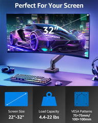 Single Monitor Mount for 13-32 inch Screen, Gas Spring Arm, Gaming & Home Office Use, VESA 75x75mm & 100x100mm, Freelift Pro Black