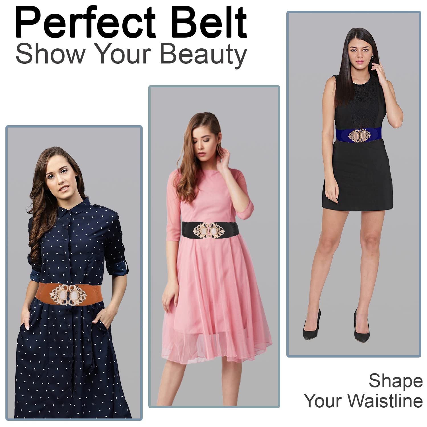 SYGA Women Cinch Belt, PU Leather Stretchy Waist Belt with Pearl Studded Metal Buckle, Retro Style - Black