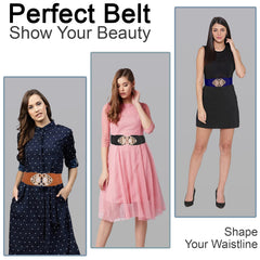 SYGA Women Cinch Belt, PU Leather Stretchy Waist Belt with Pearl Studded Metal Buckle, Retro Style - Black