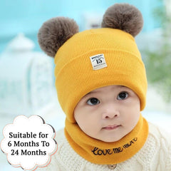 SYGA Woolen Baby Cap Knit Hat Scarf Unisex Winter Pom Pom Cap Neck Warme 6 Month to 24 Month Baby - Beige