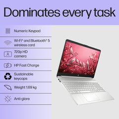 HP 15s, 12th Gen Intel Core i3-1215U (8GB DDR4, 512GB SSD) Anti-Glare, 15.6"/39.6cm,FHD, Win 11, MS Office 21, Silver, 1.69kg, fy5006tu/fd0751tu/fd0752tu, UHD Graphics, HD Camera, Dual Speakers Laptop