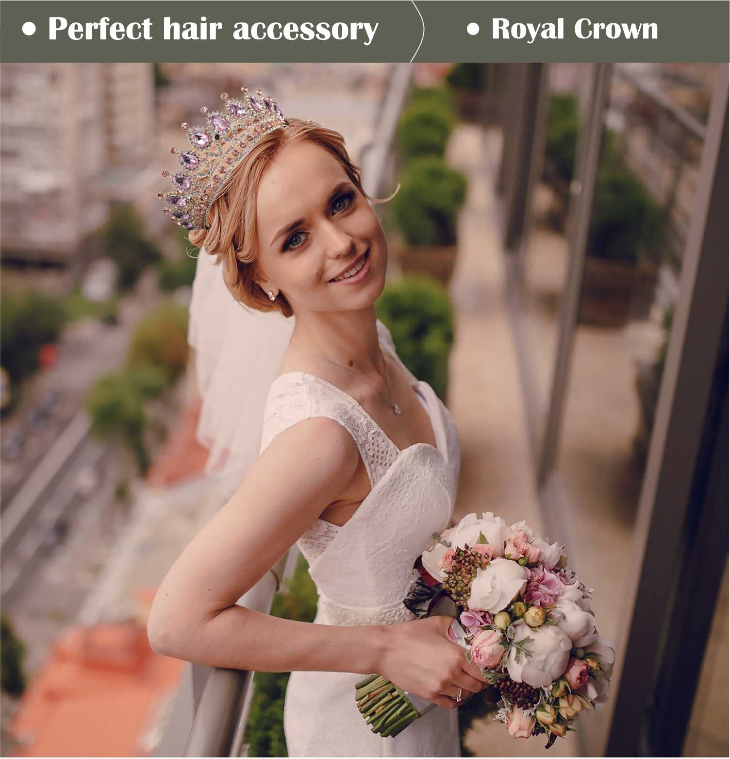 SYGA Princess Antique Bronze Crystal Rhinestone Bride Diamond Crown Tiaras Women Headband Wedding Jewelry Hair Accessories - Gold Pink