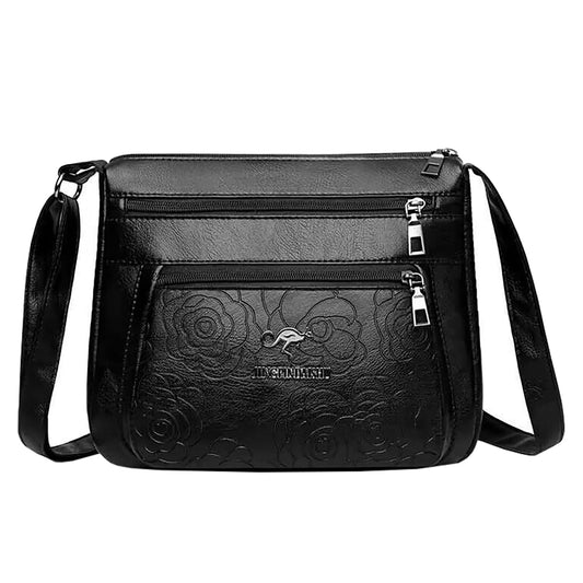 SYGA Leather Women's Shoulder Messenger Bag with Zipper Pockets (Black)
