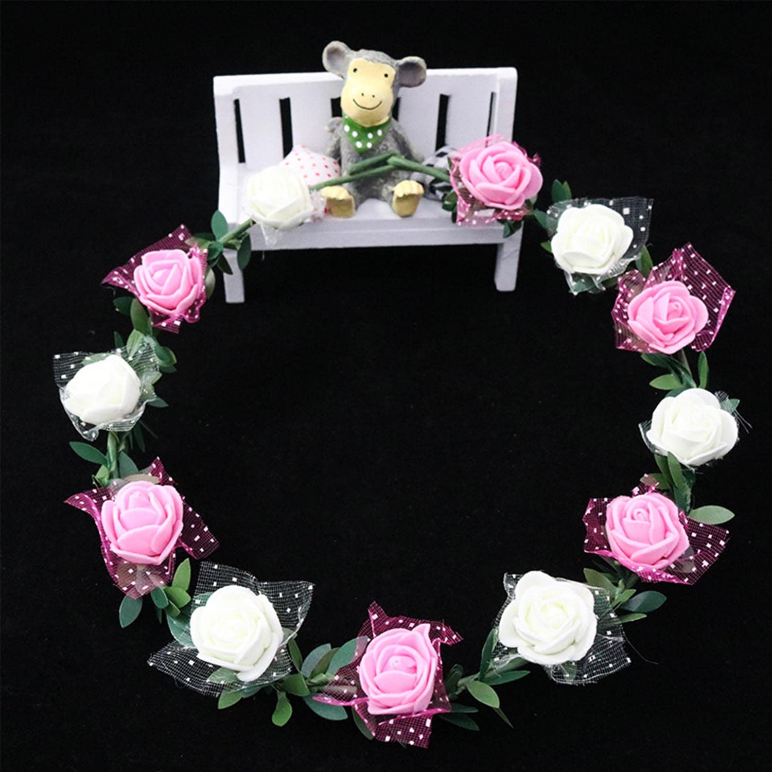 SYGA Women Silk Rose Floral Crown Hair Wreath Leave Flower Headband Tiara with Adjustable Ribbon for Girls, Pack of 1 - Blue