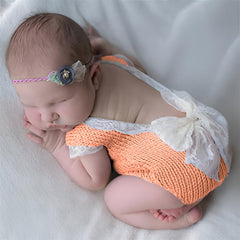MOMISY Baby girl's Photography Photoshoot Costume,crochet Romper with lace boarder and lace bow on backside (Orange, Newborn)