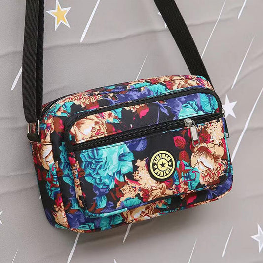 MOMISY Women Mobile Messenger Cellphone Bag Ladies Nylon Shoulder Cross Body Long Strap For College, Outing, Travelling, Work (Medium, Big Flower), Grey