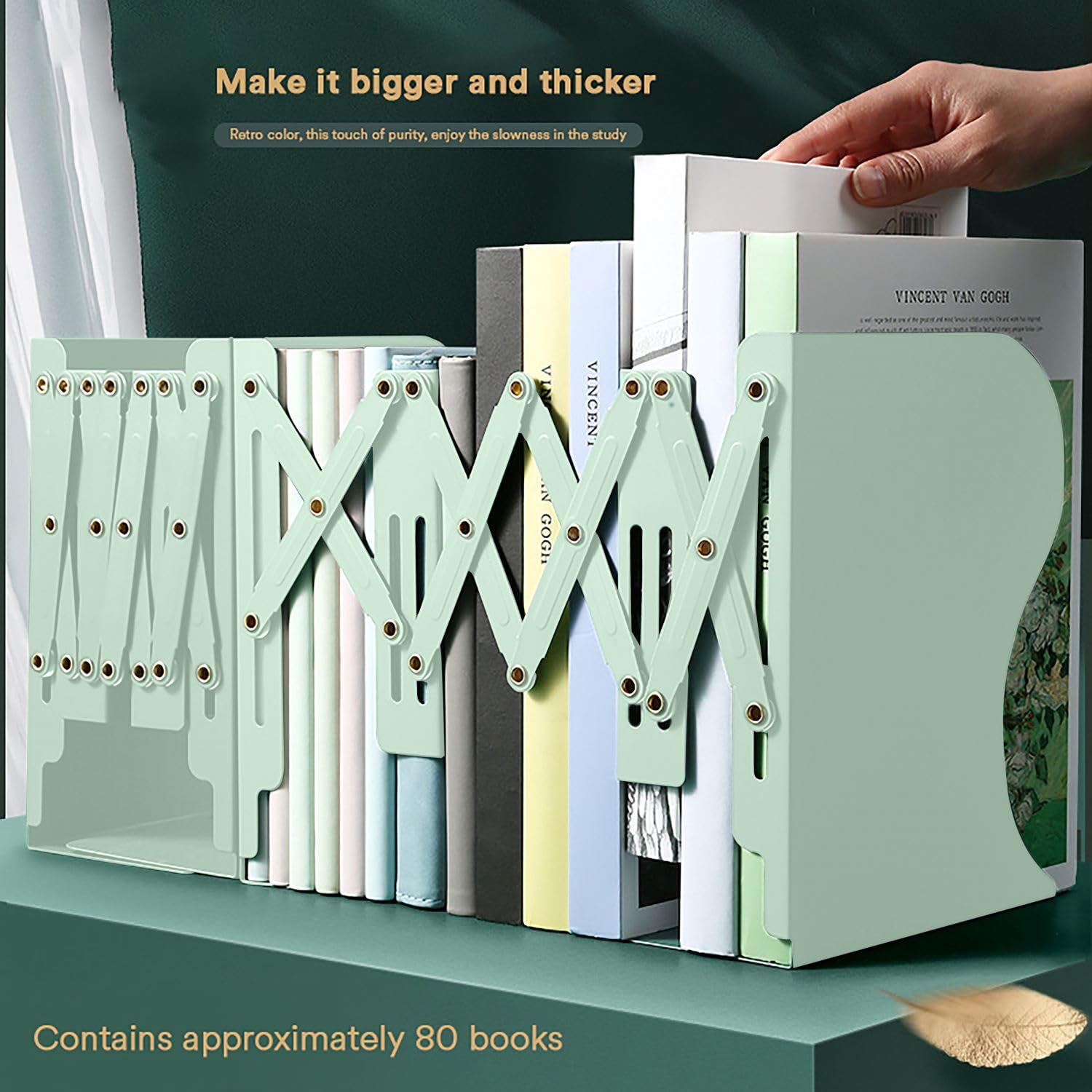 SYGA Bookends for Shelves, Book Organizer for Desk, Metal Bookends for Heavy Books, Book Holders for Shelves, Adjustable Decorative Bookends for Home Office(Light Green)