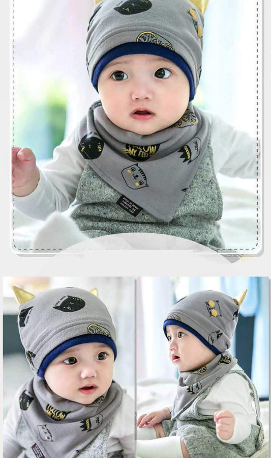 SYGA Winter Warm Baby Knitted Printed Hat with Triangle Scarf,Fetal Hat Newborn Baby Cap for 6-18 Month - Yellow