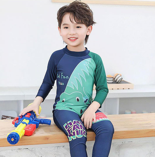 SYGA Children's Swimsuit Long Sleeve Watermelon Dragon-XL Size Perfect for Kids Age 7-9 Years Old (Blue)