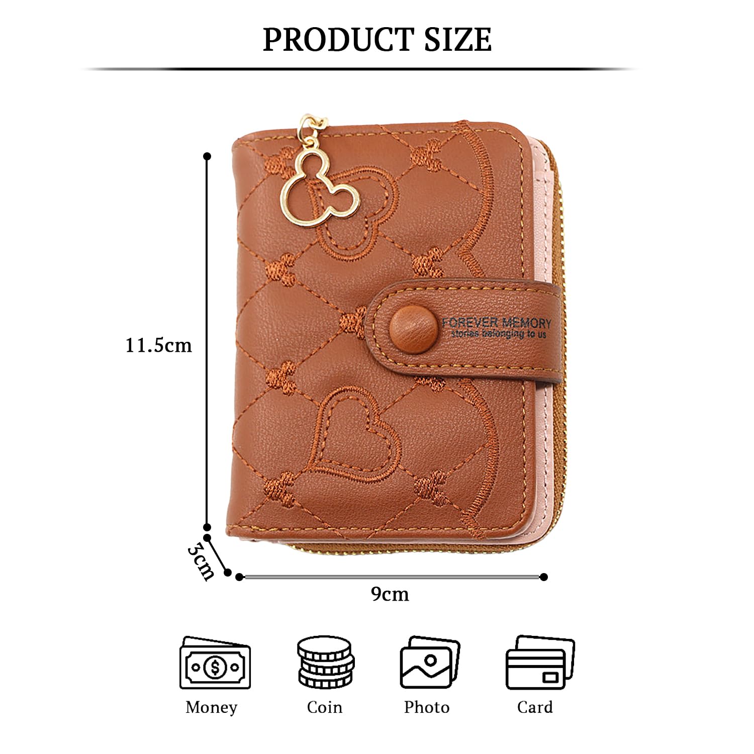 SYGA Women's Short Zipper Buckle Heart Shaped Wallet with Key Chain, Cute for Girls Pu Leather Wallet Coin & Card Purse(Mickey Brown)