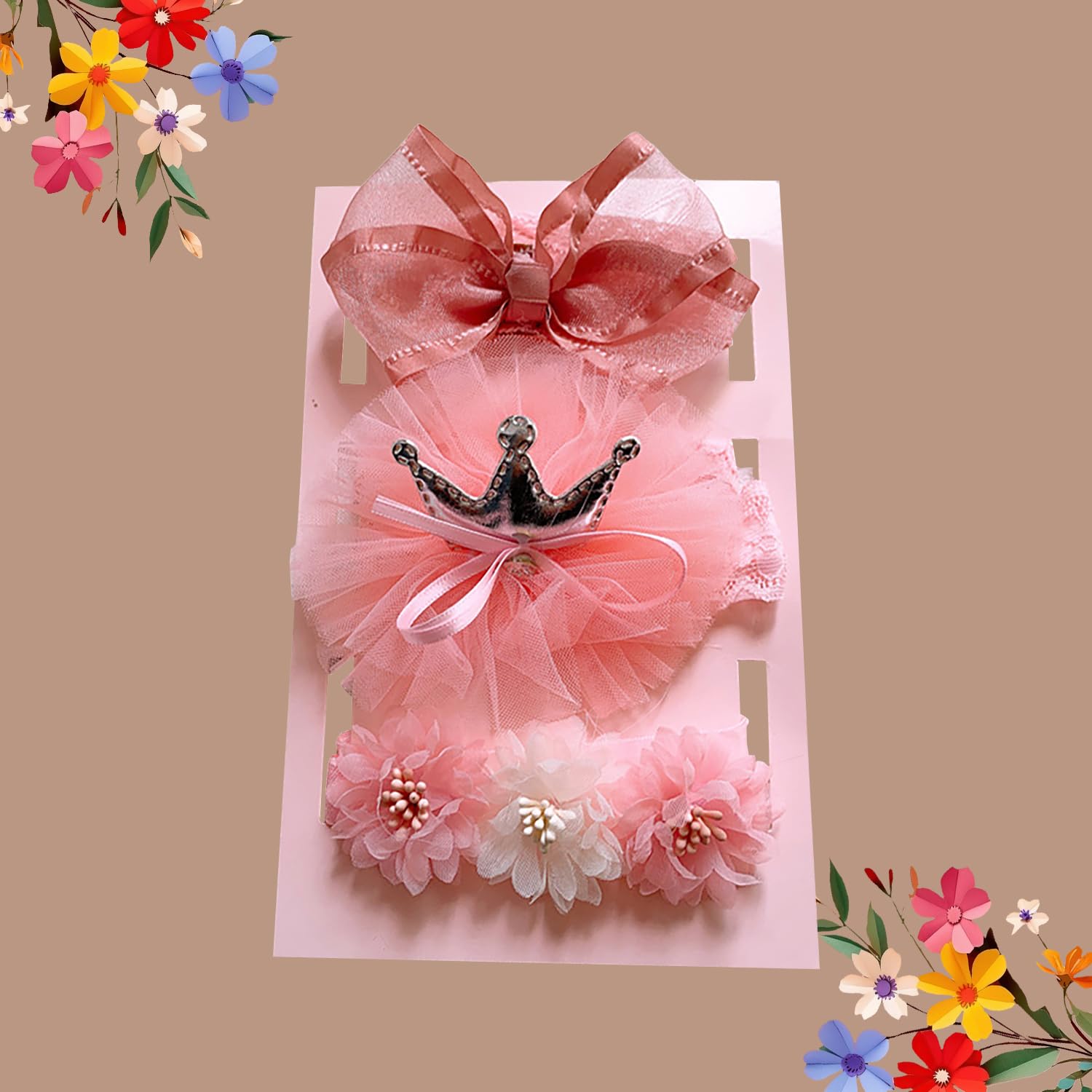 SYGA 3 Pcs Baby Girl Headband Soft Flower Bow Strechable Hairband Suitable For Newborns, Infants, Toddlers and Kids 0-3 Years(Pink Bow/Silver Crown)