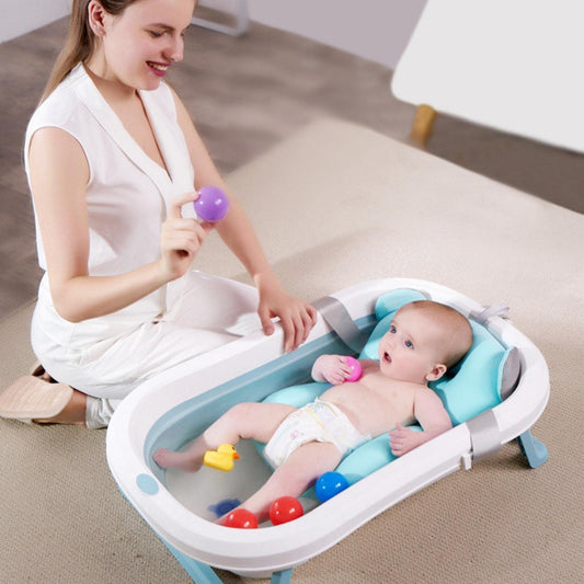 SYGA Baby Bath Tub, Foldable Bathtub with Support Cushion, Drain Plug,Stable Anti-Skid Collapsible Infant Shower Basin for Toddlers Newborns Bathing_Blue