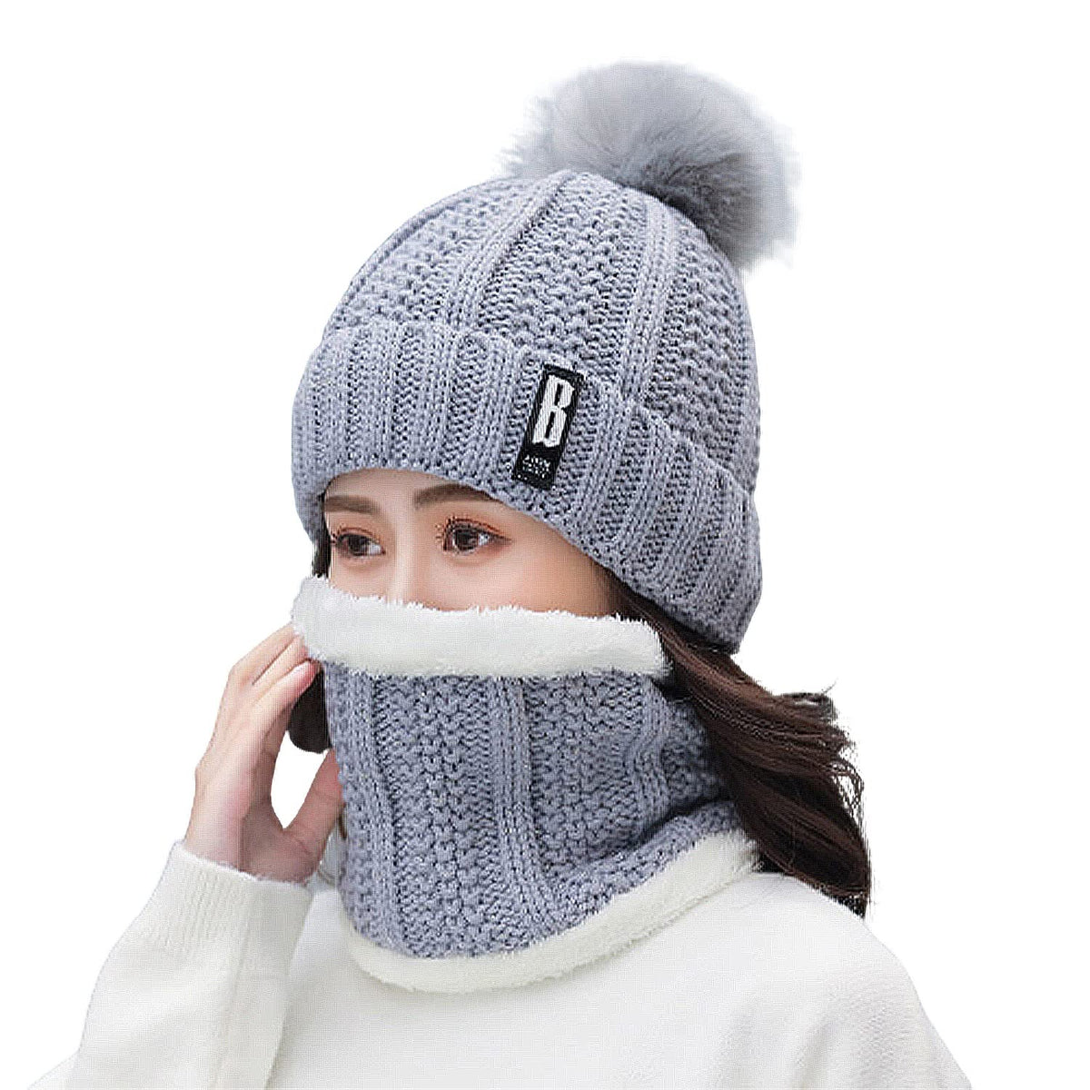 SYGA Winter Beanie Hat for Women with Pom Pom and Fleece Lining, Outdoor Sports Hats, Above 15 Year Gray