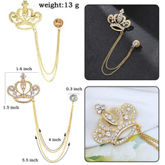 SYGA Luxury Crown Style Brooch for Men's & Women Suit Shirt Stud Brooch Lapel Pin Brooch Pin Chain Tassel Brooch Pin with Crystal Chain(Golden hearts crown)