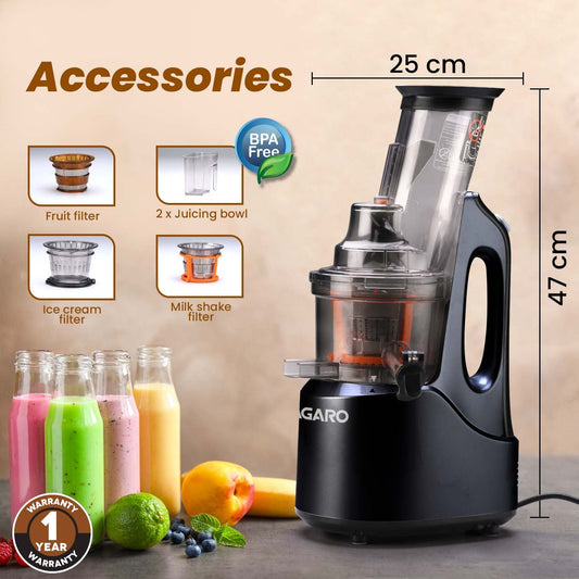 AGARO Royal Slow Juicer, Professional Cold Press Whole Slow Juicer, 240 Watts Power Motor, 120 Minutes Long Usage, 3 Strainers, All-in-1 Fruit & Vegetable Juicer, Black