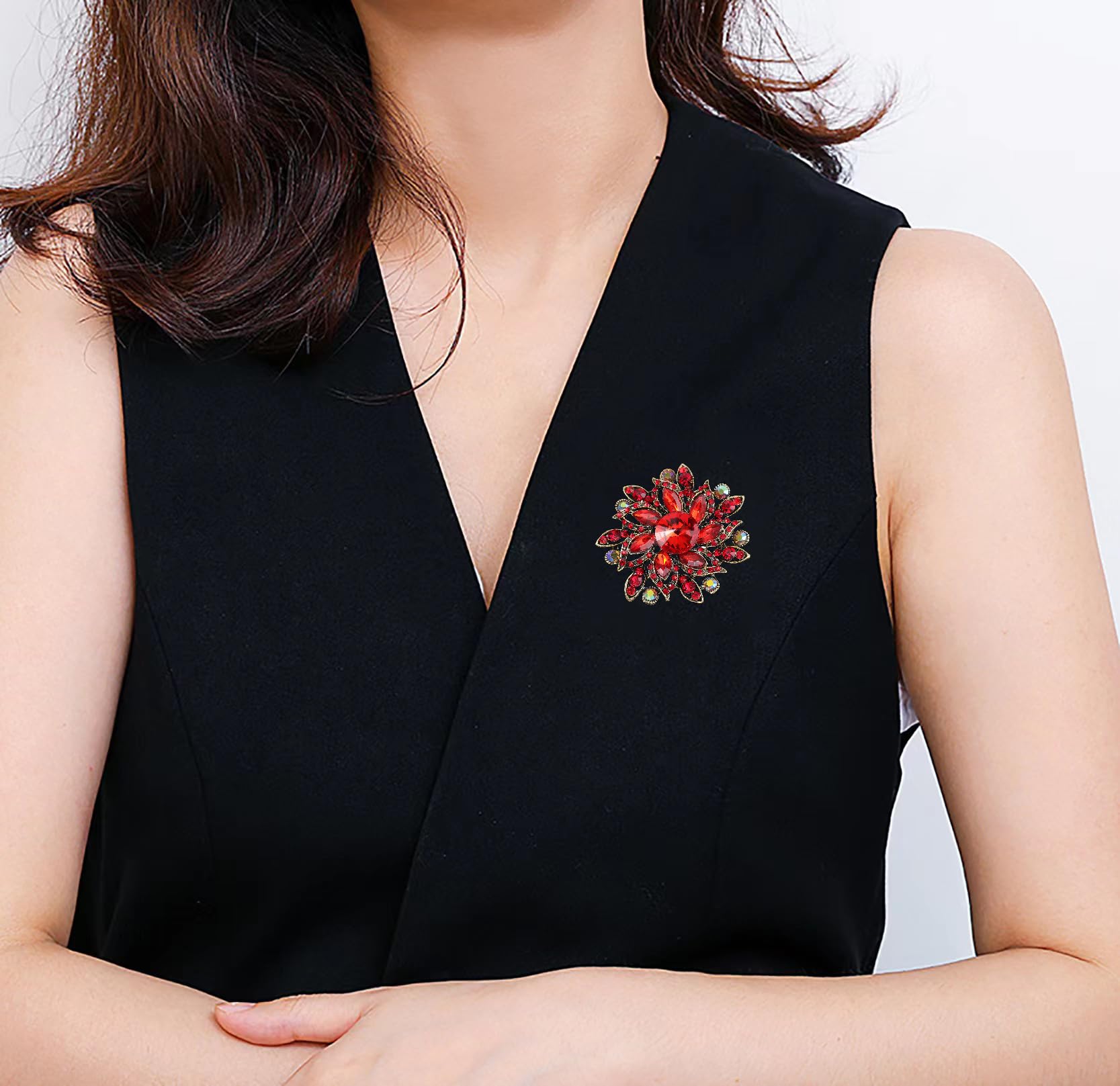 SYGA Brooch Pin Fashion Crystal Rhinestone Jewellery Pin Vintage Clothing Accessories Decoration Full Diamond Flower Red Brooches For Women- S217