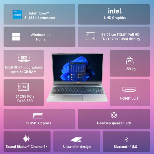 Acer Aspire Lite, Intel Core i5 13th Gen - 1334U, 16GB RAM, 512GB SSD, Full HD 15.6"/39.62 cm, Windows 11 Home, MS Office, Steel Gray, 1.59 KG, AL15-53, Metal Body, Thin and Light Premium Laptop