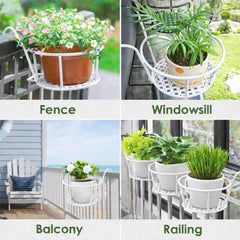 STANSY Iron Balcony Railing Plant Holder, Round Hanging Flower Pot Stand, Heavy Duty Metal Planter Basket for Outdoor Garden Decor, White