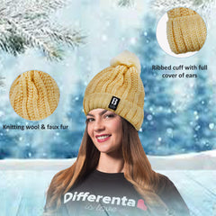 SYGA Winter Beanie Hat For Women Warm Woolen Lining Knit Bobble Pom Pom Skull Cap Fleece Lined Warm Cap Outdoor Hat - Beige, Free Size