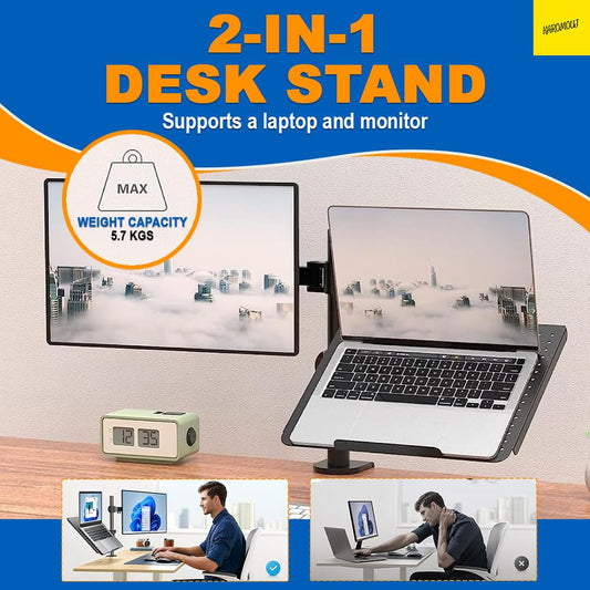 Karomouj Monitor Arm Desk Mount – Ergonomic Dual Monitor Stand with Laptop Tray, Fully Adjustable Heavy-Duty Monitor Mount for Desks, Increases Comfort & Productivity (Black)