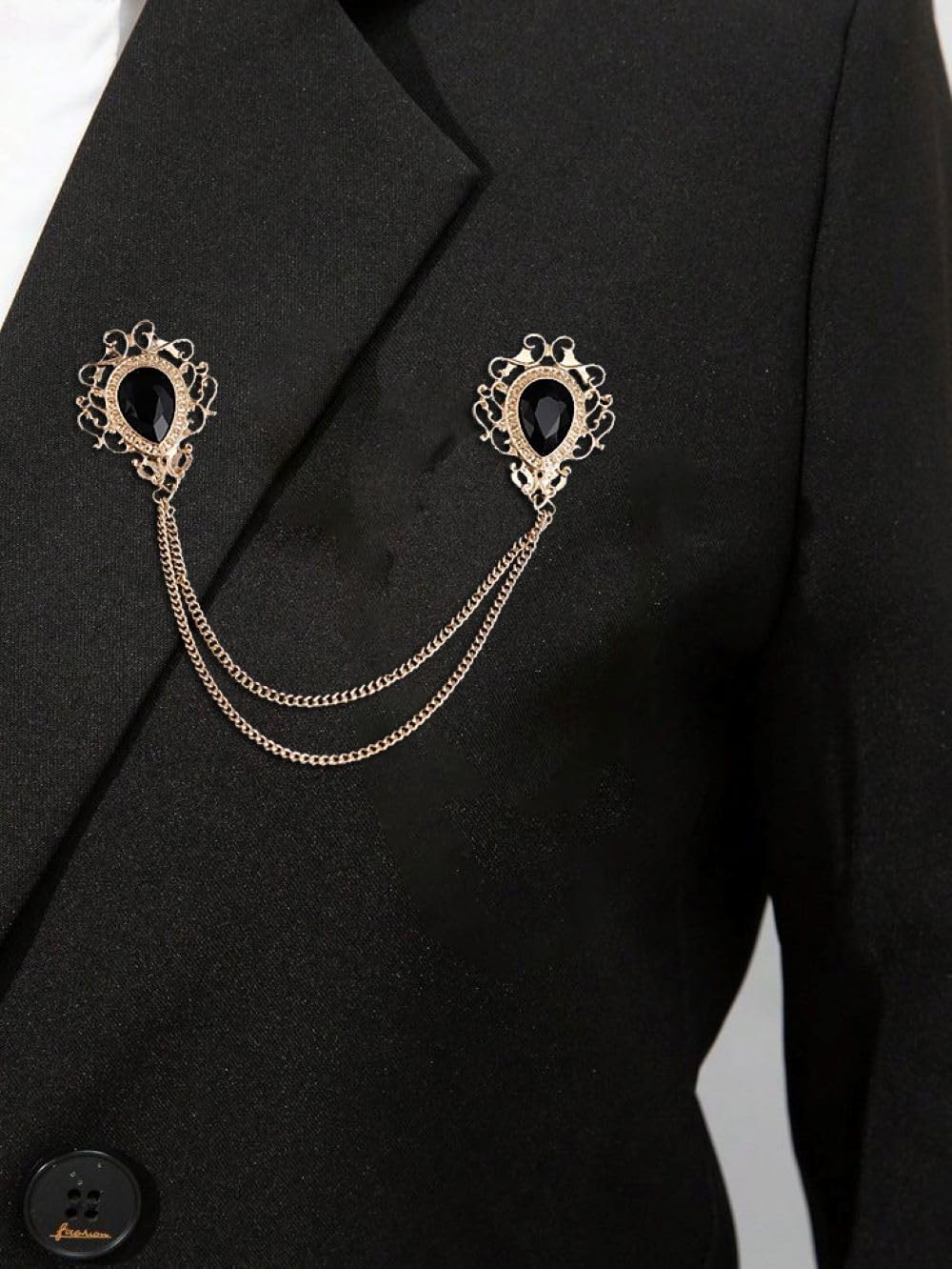 SYGA Men's & Women Suit Shirt Stud Lapel Pin Chain Tassel Brooch Pin with Crystal Chain(Vintage black gemstone)