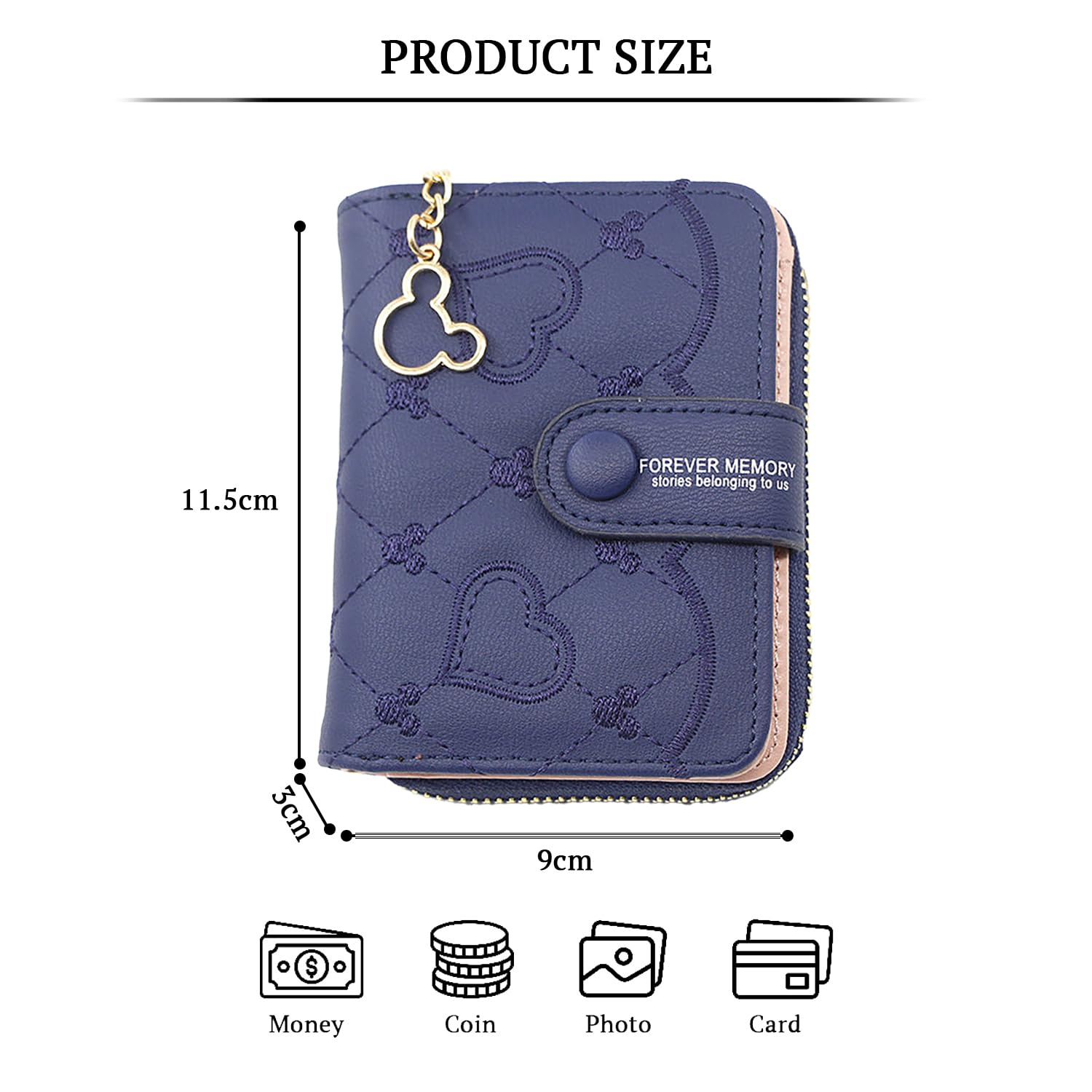 SYGA Women's Short Zipper Buckle Heart Shaped Wallet with Key Chain, Cute for Girls Pu Leather Wallet Coin & Card Purse(Mickey Blue)