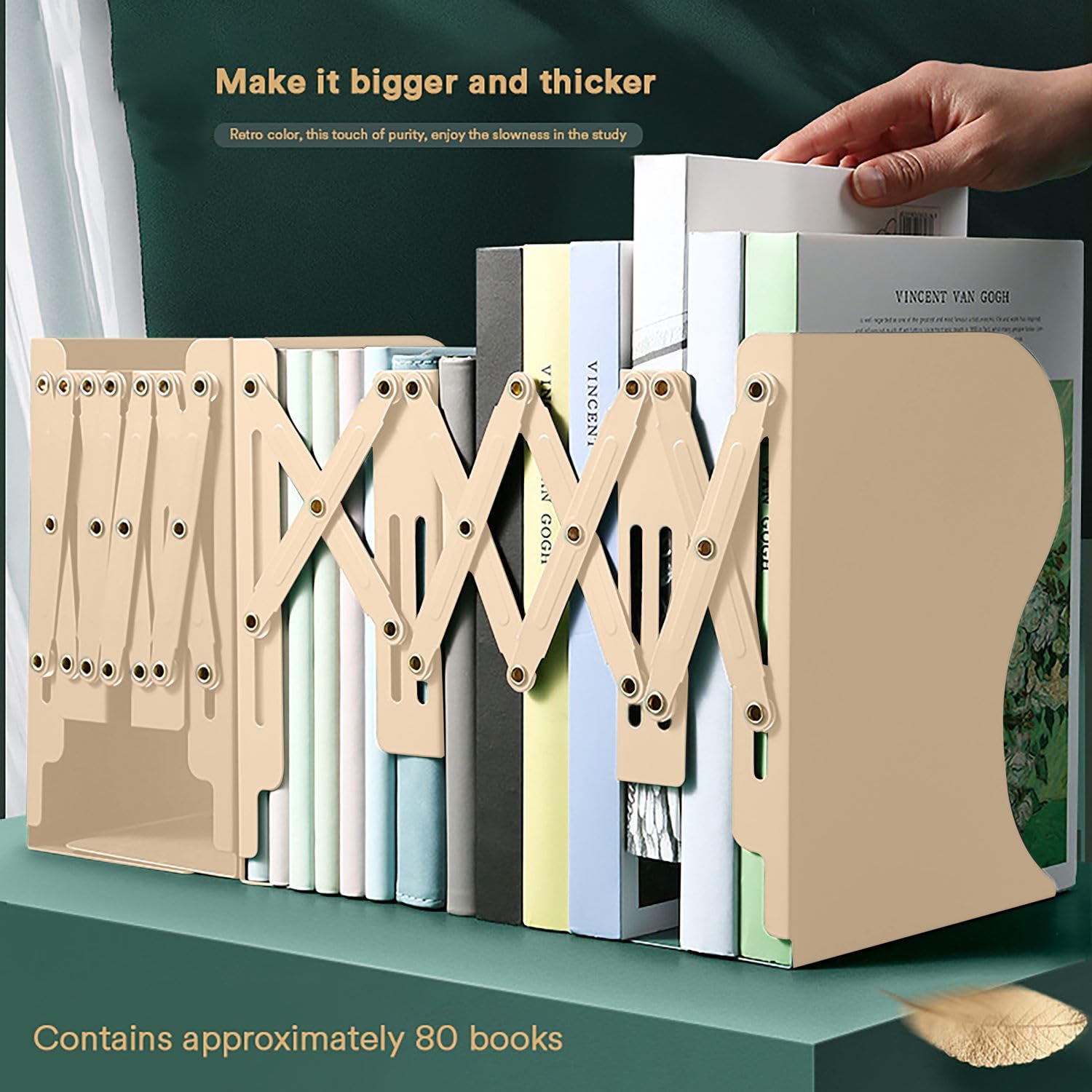 SYGA Bookends for Shelves, Book Organizer for Desk, Metal Bookends for Heavy Books, Book Holders for Shelves, Adjustable Decorative Bookends for Home Office(Beige)