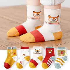 MOMISY 5 Pairs Tube Socks for Kids Toddlers Infant Baby Girl Boys (Cute Fox, 3 Year to 5 Year)