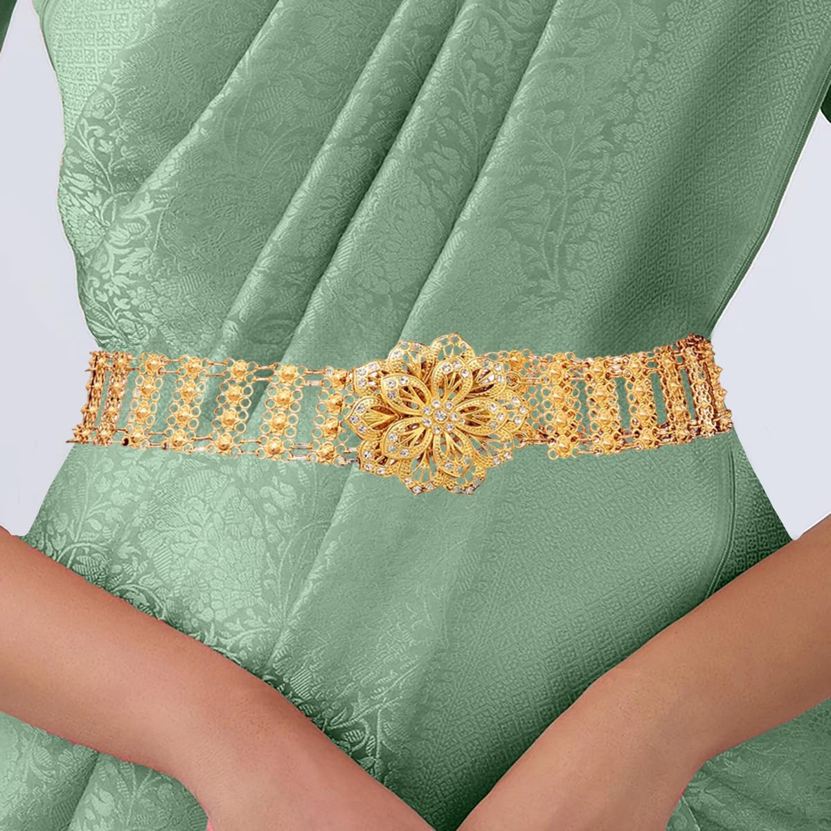 SYGA Women'S Metal Flower Diamond Belt,kamarband For Saree & dress Decoration Versatile Long Waist Chain(Gold)