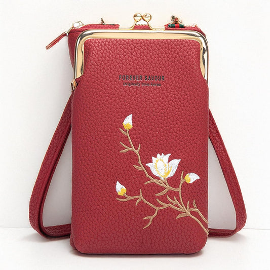 MOMISY Mobile Bag Cellphone Sling Bag Card Holder Wallet Handbag Crossbody multi-function Shoulder Bag for Girls & Women-Embroidery (Maroon)