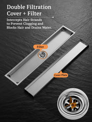 SYGA 304 Stainless Steel Long Floor Drain with Double Filtration,Shower Drain Cover Plate Middle Hole,10x60 cm