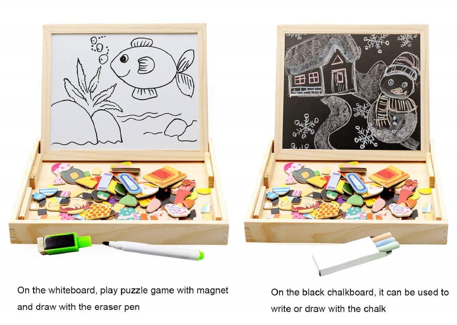 SYGA Wooden Kids Educational Toys Magnetic Easel Double Side Dry Erase Board Puzzles Games