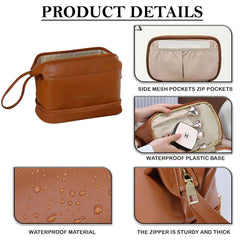 MOMISY Large Capacity Cosmetic Travel Bag, Women's Makeup Travel Bag Portable Leather Cosmetics Bag, Makeup Storage Bags with Handle and Divider, Wide Opening Cosmetic/Makeup Organizer (Brown)