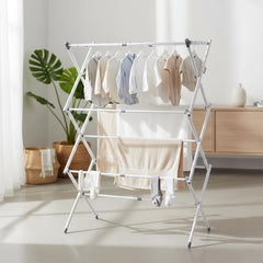 STANSY Foldable Clothes Drying Rack, Multi-Tier Metal Laundry Stand, White, Space Saving, Portable, Indoor Outdoor Use for Balcony Bathroom Home