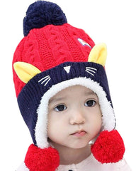 SYGA Winter Cap Ear Proction Beanie Knitted Pompom Baby Cap 2-5 Year Kids Cap Red