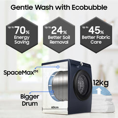 Samsung 12 kg, 5star, AI Control, AI Ecobubble, Super Speed, Wi-Fi, Hygiene Steam with Inbuilt Heater, Digital Inverter, Fully-Automatic Front Load Washing Machine (WW12DG6B24ASTL, Navy)