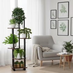 STANSY 6 Tier Plant Stand with Wheels | Tall Multi-Layer Indoor Plant Rack for Multiple Pots | Corner Flower Stand for Home, Balcony, Living Room, Patio (Mocha Brown + Black, 138cm)