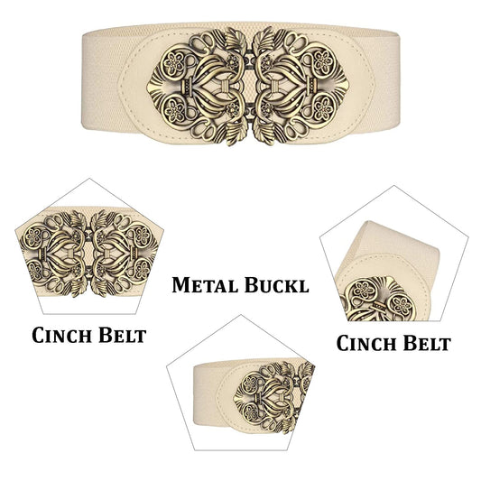 SYGA Women Cinch Belt, PU Leather Stretchy Waist Belt with Floral Metal Buckle, Retro Style - Beige(Fits Waist Size 25-35)
