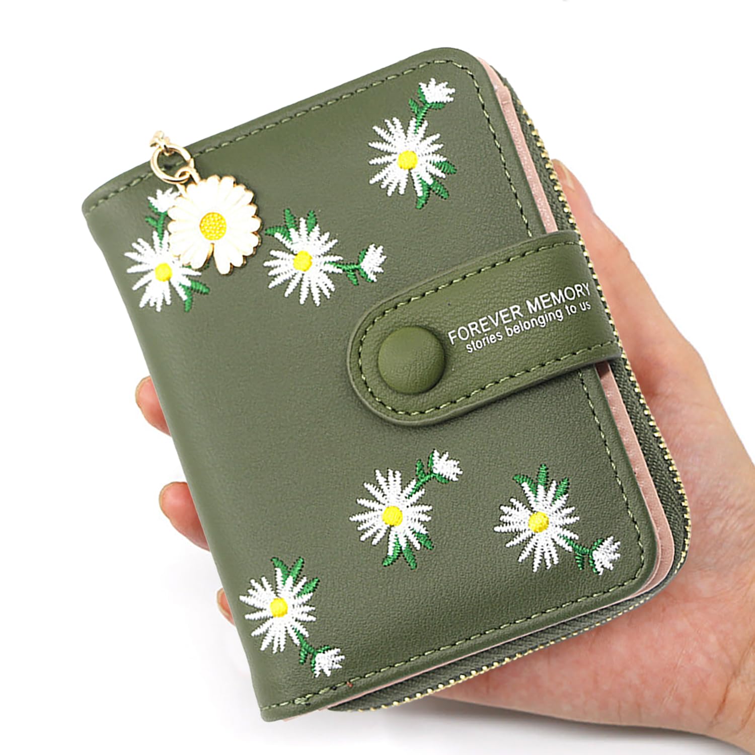 SYGA Women's Short Zipper Buckle Personalized Pu Leather Wallet Coin & Card Purse(Flower Green)