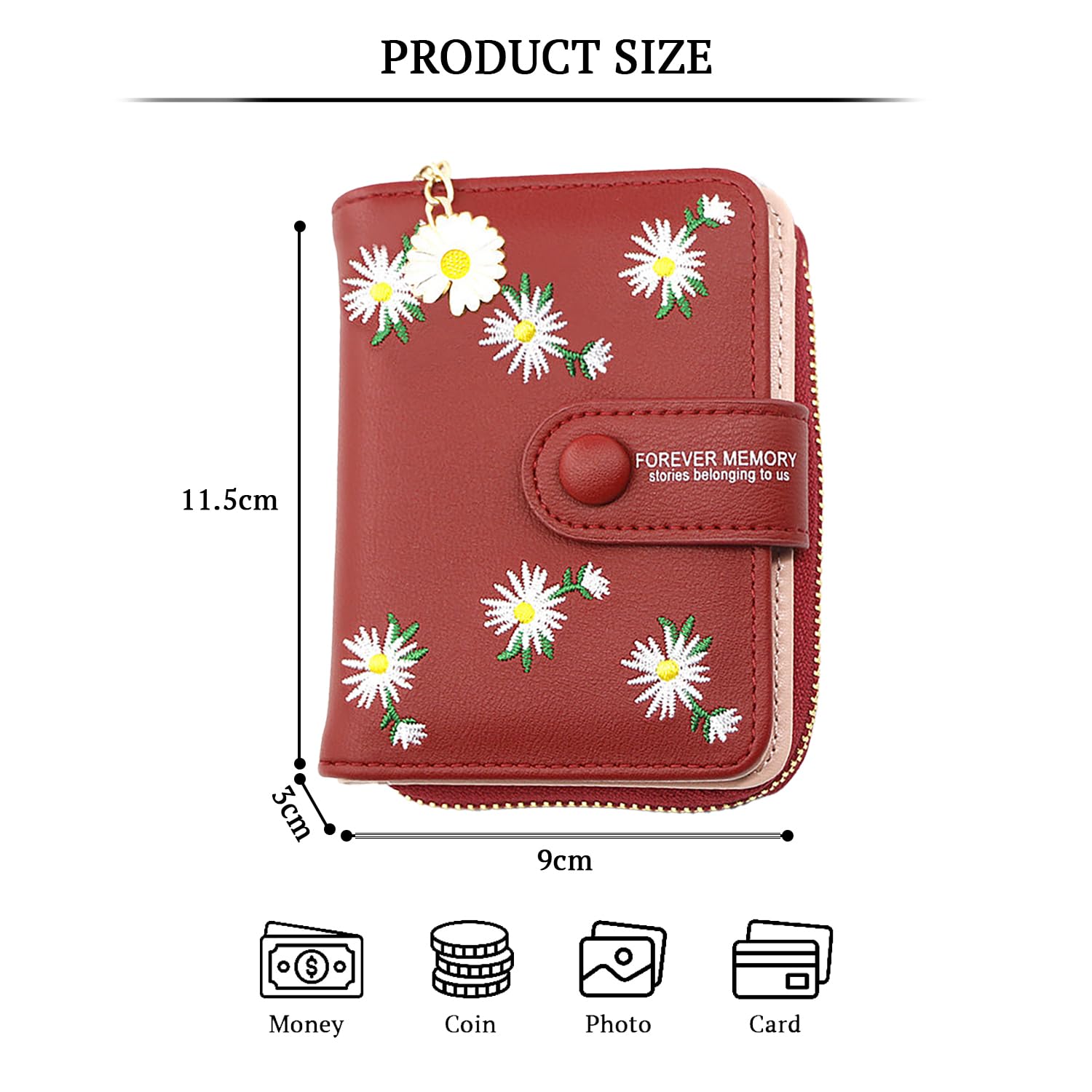 SYGA Women's Short Zipper Buckle Personalized Pu Leather Wallet Coin & Card Purse(Flower Red)